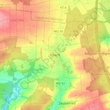 Topografische Karte Erlach, Höhe, Relief