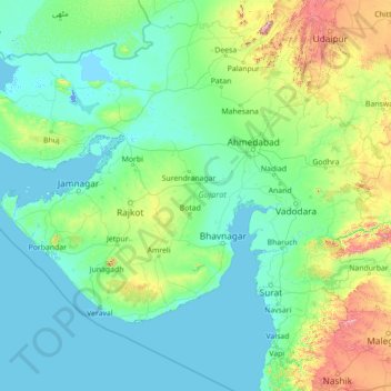 Topografische Karte Gujarat, Höhe, Relief