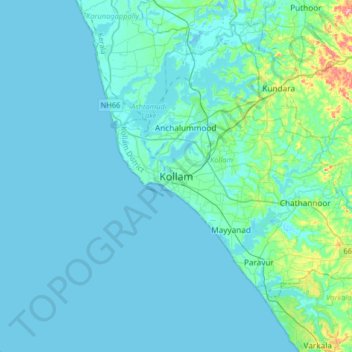Topografische Karte Kollam, Höhe, Relief