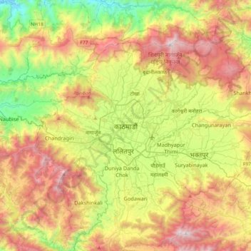 Topografische Karte Kathmandu, Höhe, Relief