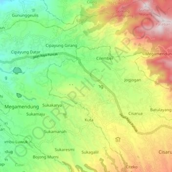 Topografische Karte Megamendung, Höhe, Relief