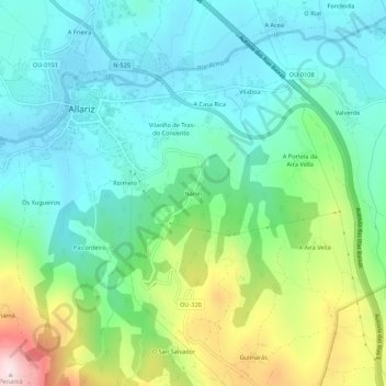 Topografische Karte Nanín, Höhe, Relief