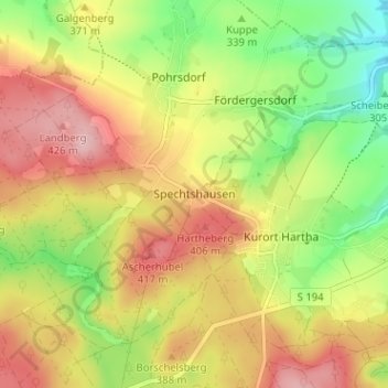 Topografische Karte Spechtshausen, Höhe, Relief