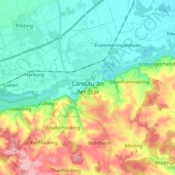 Topografische Karte Landau an der Isar, Höhe, Relief