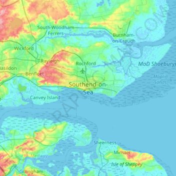 Topografische Karte Southend-on-Sea, Höhe, Relief