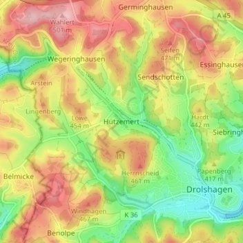 Topografische Karte Hützemert, Höhe, Relief