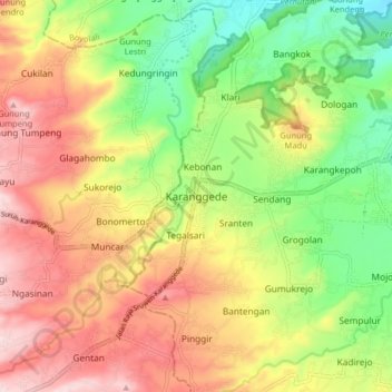 Topografische Karte Karanggede, Höhe, Relief