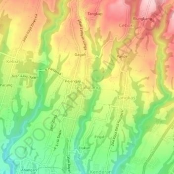 Topografische Karte Tegallalang, Höhe, Relief