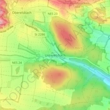 Topografische Karte Unterelsbach, Höhe, Relief