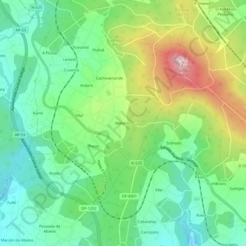 Topografische Karte Milleiros, Höhe, Relief