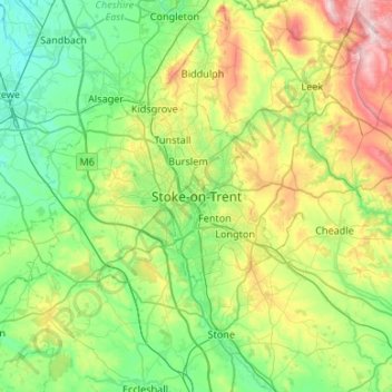 Topografische Karte Stoke-on-Trent, Höhe, Relief