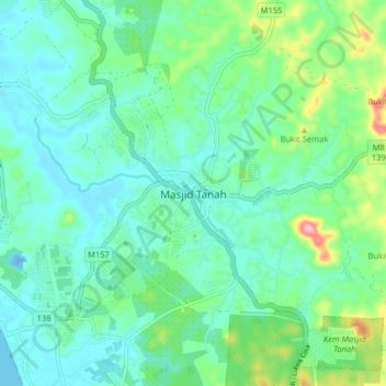Topografische Karte Masjid Tanah, Höhe, Relief