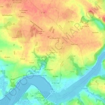 Topografische Karte Kergour, Höhe, Relief