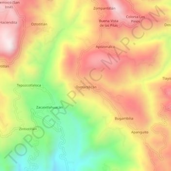 Topografische Karte Tomactilicán, Höhe, Relief