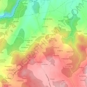 Topografische Karte Sober, Höhe, Relief