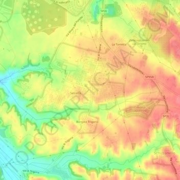 Topografische Karte Trigoria, Höhe, Relief