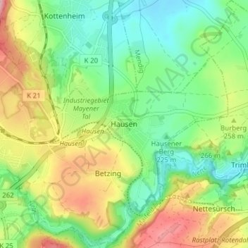 Topografische Karte Hausen, Höhe, Relief