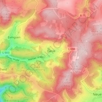 Topografische Karte Dahle, Höhe, Relief