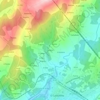 Topografische Karte Mudelos, Höhe, Relief