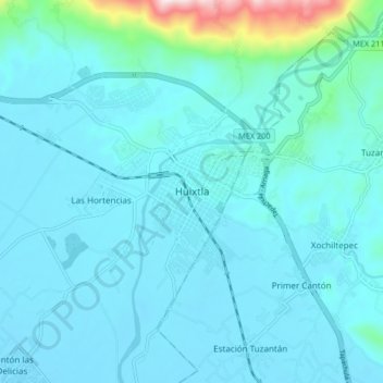 Topografische Karte Huixtla, Höhe, Relief