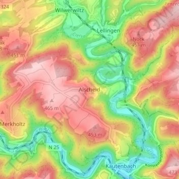 Topografische Karte Alscheid, Höhe, Relief