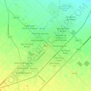 Topografische Karte Azul, Höhe, Relief