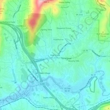 Topografische Karte Haw Creek, Höhe, Relief