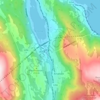 Topografische Karte Indre Arna, Höhe, Relief