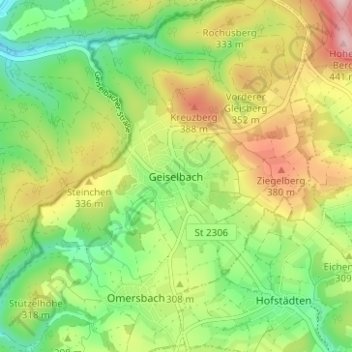 Topografische Karte Geiselbach, Höhe, Relief