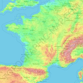 Topografische Karte Metropolitanes Frankreich, Höhe, Relief