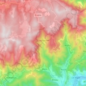 Topografische Karte Bréau-et-Salagosse, Höhe, Relief
