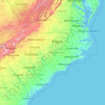 Topografische Karte North Carolina, Höhe, Relief