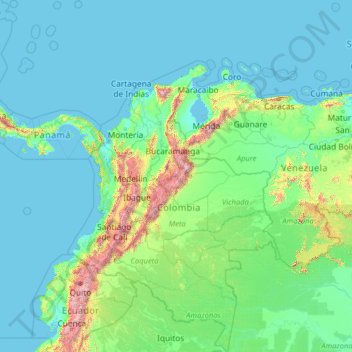 Topografische Karte Colombia, Höhe, Relief
