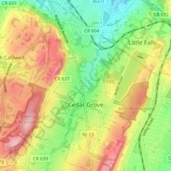 Topografische Karte Cedar Grove, Höhe, Relief