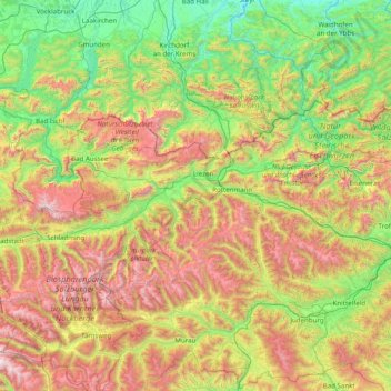 Topografische Karte Bezirk Liezen, Höhe, Relief