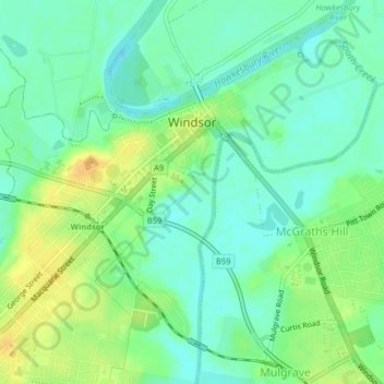 Topografische Karte Windsor, Höhe, Relief