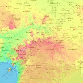 Topografische Karte Kamerun, Höhe, Relief
