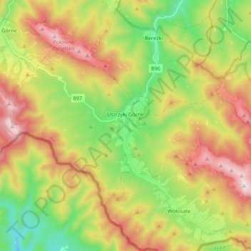 Topografische Karte Ustrzyki Górne, Höhe, Relief