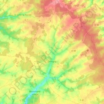 Topografische Karte Orbigny, Höhe, Relief
