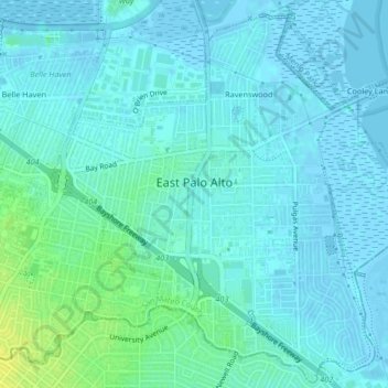 Topografische Karte East Palo Alto, Höhe, Relief