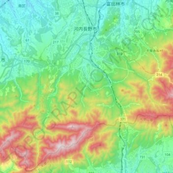 Topografische Karte Kawachinagano, Höhe, Relief