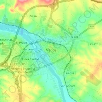 Topografische Karte Merida, Höhe, Relief