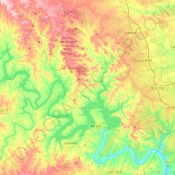 Topografische Karte Lake Travis, Höhe, Relief
