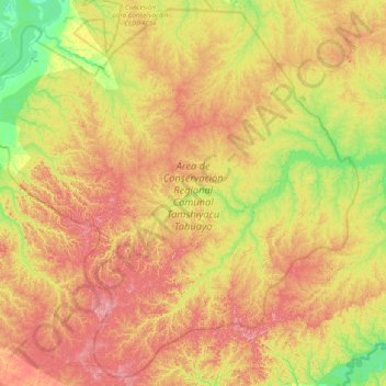 Topografische Karte Área de Conservación Regional Comunal Tamshiyacu Tahuayo, Höhe, Relief