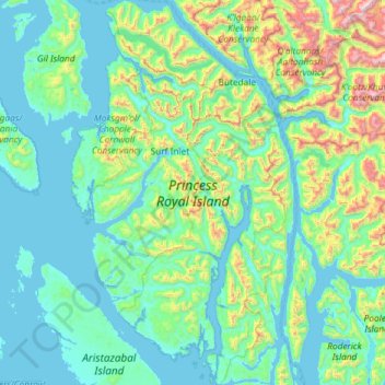 Topografische Karte Princess Royal Island, Höhe, Relief
