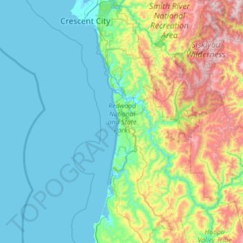 Topografische Karte Redwood National Park, Höhe, Relief