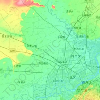 Topografische Karte 松北区, Höhe, Relief