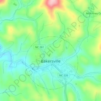 Topografische Karte Bakersville, Höhe, Relief