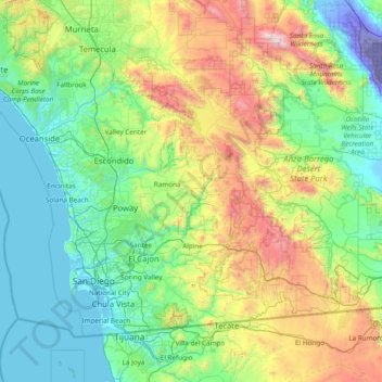 Topografische Karte San Diego County, Höhe, Relief