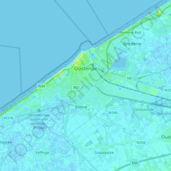 Topografische Karte Ostende, Höhe, Relief